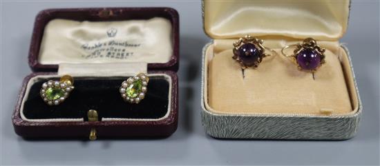 Two pairs of early 20th century 9ct and gem set ear clips (one a.f.).
